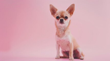 A poised Chihuahua sits against a soft pink backdrop, emanating a regal and confident air.