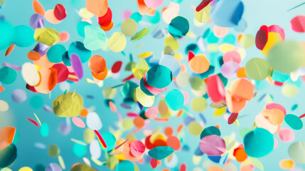 Multicolored paper confetti floating in the air against a light blue background, capturing a sense of celebration and joy.