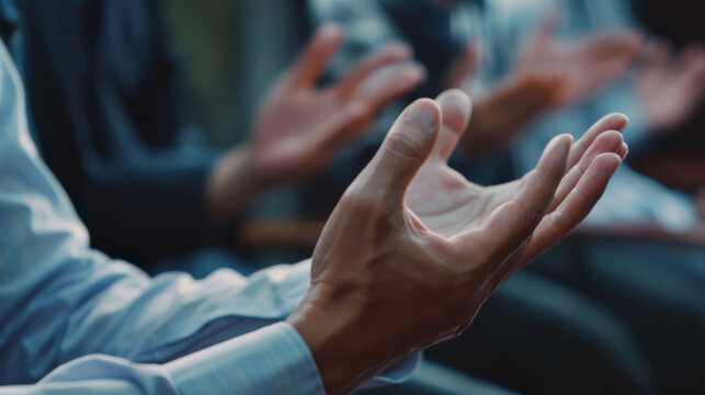 Close-up of hands clapping, set against a background of blurred individuals, fostering a sense of appreciation and unity.