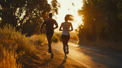 Two people running along a country road, bathed in the golden glow of a setting sun, surrounded by lush greenery and tranquility.