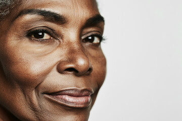 Fototapeta premium An elderly African American woman with short gray hair, smiling and looking at the camera, with smooth and healthy skin