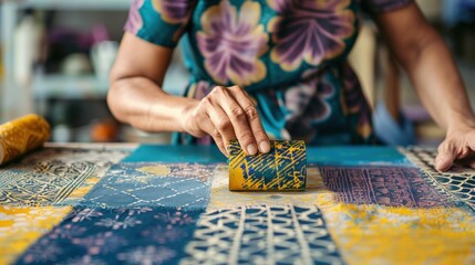 A craftsperson is hand stamping intricate patterns onto colorful fabric using a specially designed roller