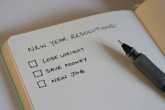 A photograph of a blank page of a bullet journal notebook, with new year resolutions