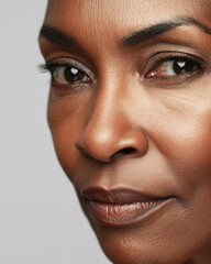 Obraz premium An elderly African American woman with short hair, looking directly at the camera with a neutral expression, emphasizing natural skin texture