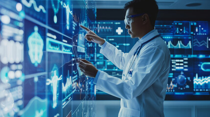 A doctor in a white coat and protective glasses engages with advanced digital medical displays in a high-tech laboratory.