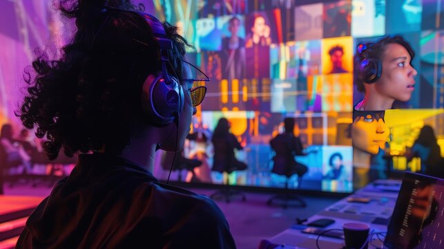 A lively virtual event hosted on social media, with interactive polls, live chats, and video streams featuring guest speakers and performers