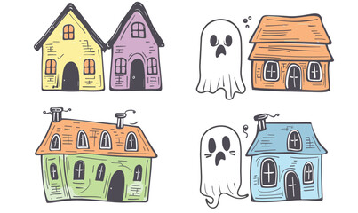 Four cartoonstyle houses ghosts, colors yellow, purple, orange, blue, playful haunted theme. Handdrawn illustrations spirited homes pair cute sheet ghosts, Halloween concept. Quirky doodle artwork