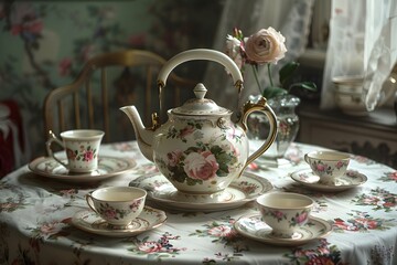 Fototapeta premium Elegant Vintage Tea Set on Floral Tablecloth with Delicate Rose Accents