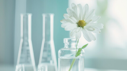 A pristine white flower stands in a glass jar, positioned against a soft blue background, exuding a fresh, calming, and minimalist aesthetic.