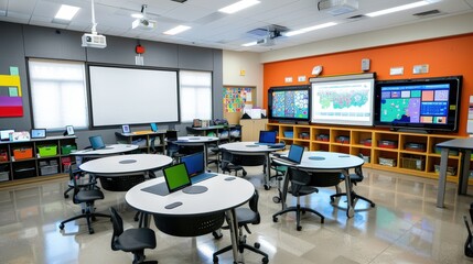 A modern classroom utilizing advanced educational technology, including interactive whiteboards, tablets for each student, and virtual reality experiences for immersive learning.