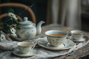 Elegant Tea Set with Floral Design on Rustic Table