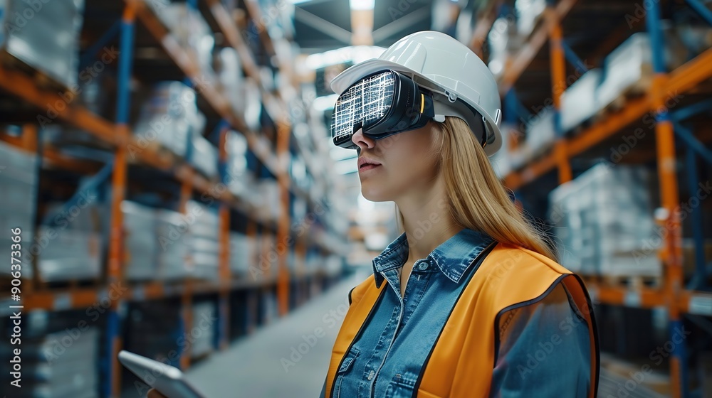Poster industry 40 modern warehouse female engineer in empty warehouse uses digital tablet computer with au