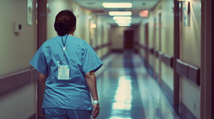 Hospital corridor with a medical professional walking away, capturing the serene and serious atmosphere of a healthcare facility dedicated to patient care.