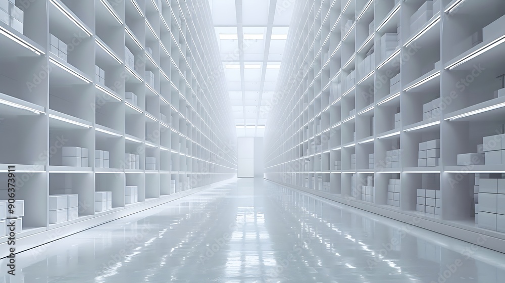 Poster rows of shelves with boxes in the factory warehouse a perfectly white clean warehouse smooth boxes s
