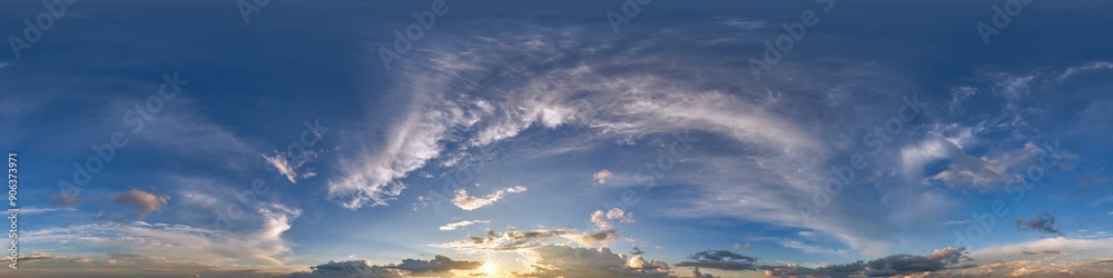 Wall mural 360 hdri sky before sunset with beautiful awesome clouds. seamless panorama with zenith for use in 3