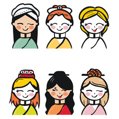 Six diverse cartoon girls smiling, different hairstyles headbands, colorful clothes. Cheerful female characters unique hair accessories, cute faces, happy expressions. Cartoon young girls, various