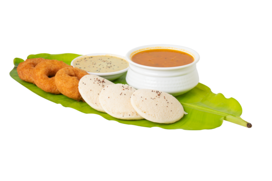 South indian food idli vada served with sambar or coconut chutney on transparent background