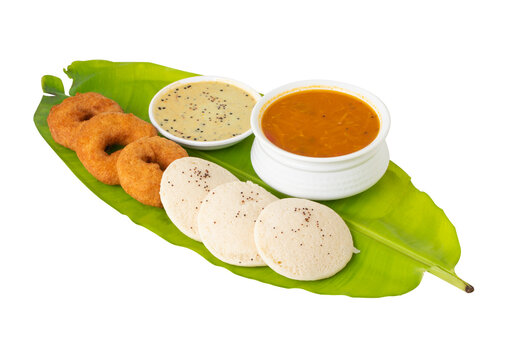 South indian food idli vada served with sambar or coconut chutney on transparent background