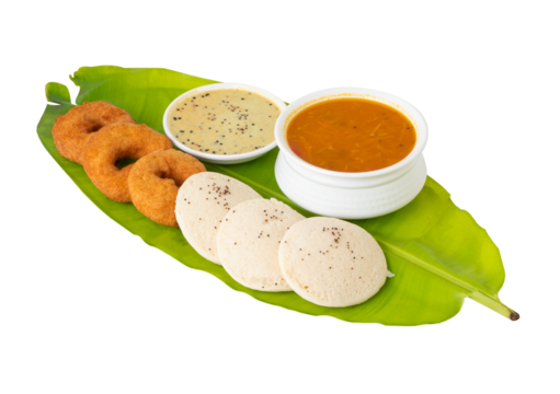 South indian food idli vada served with sambar or coconut chutney on transparent background