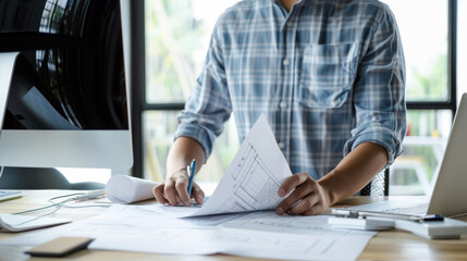 An architect meticulously arranges blueprints on a cluttered desk, immersed in planning and organizing various project details.