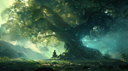 Fototapeta premium A person sits in meditation under a vast ancient tree, surrounded by nature's tranquility and soft light filtering through the leaves