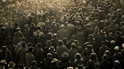 Obraz premium A crowded scene with many people in a public space, all dressed in neutral, earthy tones, creating a blend of individuals in motion.