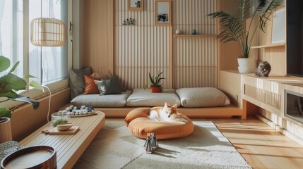 A pet-friendly home space with cozy pet beds, toys, and feeding stations thoughtfully integrated into the decor
