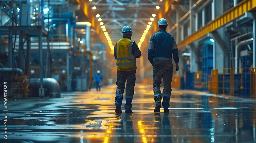 Poster two engineers talking walking across empty factory floor inspecting planning where all the machinery