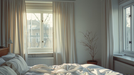 A bedroom with a large window letting in gentle morning light, flowing curtains, and a small potted plant by the window.