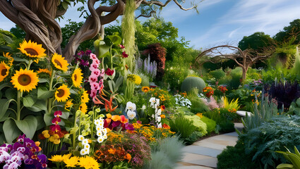 A vibrant garden filled with colorful flowers and lush greenery