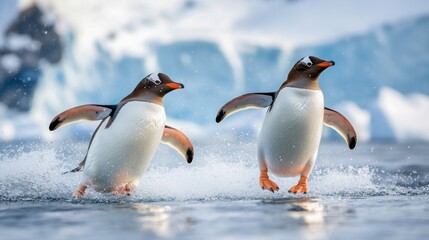 Obraz premium Icy glacial bay, penguins engaging in play, natural cold setting