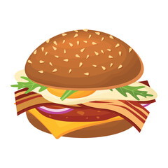 Vector cartoon image of a hamburger with ingredients. Fast food and tasty food concept. Elements for your design. Banner for a website, leaflets, etc.