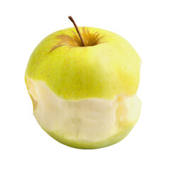 One green bitten ripe apple, on a transparent and white background. PNG. Side view.
