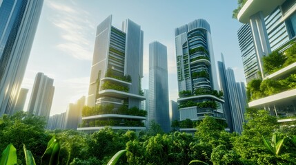 Obraz premium A futuristic city with green skyscrapers and solar-powered infrastructure, advanced sustainability, eco-architecture