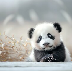 Fototapeta premium Cute Baby Panda Playing Among Soft Leaves in Natural Habitat