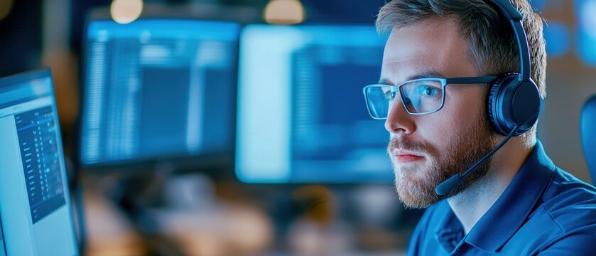 Call center agent with a headset, demonstrating focus and efficiency, handling multiple tasks simultaneously in a busy office space