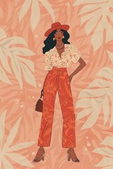 Fototapeta premium Minimalism illustration, a Latina woman, wearing a boho high-waisted trousers with a flowy blouse, a beret, and a small satchel bag, standing with one hand on her hip, boho woman fashion, patterned