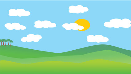 illustration of a view of a green meadow with trees on the edge