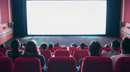 Obraz premium People sitting comfortably in a darkened cinema watching a movie on a large screen, with rows of plush red seats creating a classic theater ambiance.