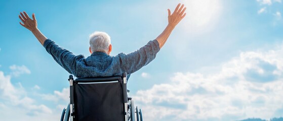 Joyful senior individual in a wheelchair, hands lifted in praise, blue sky, Christ's Healing Journey, celebrating life in adaptive living