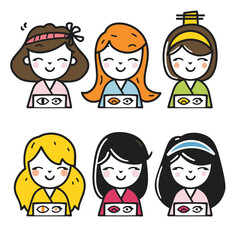 Six animated female characters sushi, distinctive hairstyles traditional attire. Smiling women presenting sushi dishes, colorful clothes, diverse hairstyles. Friendly cartoon ladies holding sushi