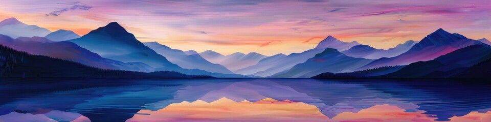 Minimalist landscape at twilight with serene lake reflecting soft hues of the setting sun Silhouettes of towering mountains in the distance against a colorful sky painted in shades of purple