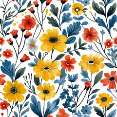 Seamless floral pattern with colorful flowers and leaves. illustration.