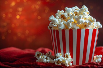Delicious Buttered Popcorn in Red and White Striped Container on Festive Background Perfect for Movie Night or Party Decor