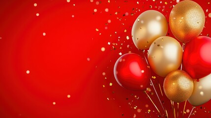 Red and gold balloons in front of a carnival banner, festive scene, vibrant red backdrop