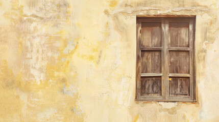 A sunlit, weathered yellow wall with a rustic, wooden window, evoking warmth and historic charm.