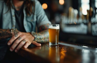 Close-Up of a Tattooed Man Enjoying Beer in a Cozy Bar Setting
