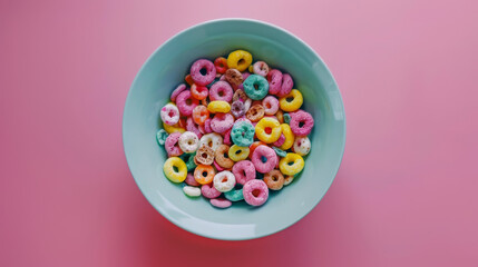 A large blue bowl filled with colorful, assorted cereals sits against a pastel pink background, evoking a playful and cheerful breakfast scene.