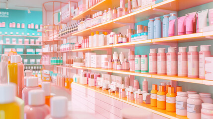 A brightly lit beauty store aisle showcases meticulously arranged skincare and cosmetic products in cheerful pastel packaging.