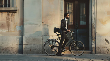Fototapeta premium Businessman riding his bicycle along an old, textured building, embodying a blend of tradition and modernity.